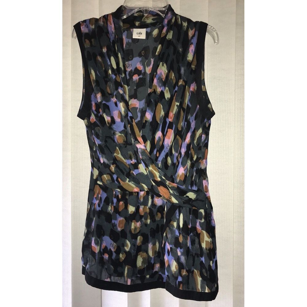 Women's CABI Black Multi Color Print Sleeveless Chiffon Top Shirt #3077 Size M